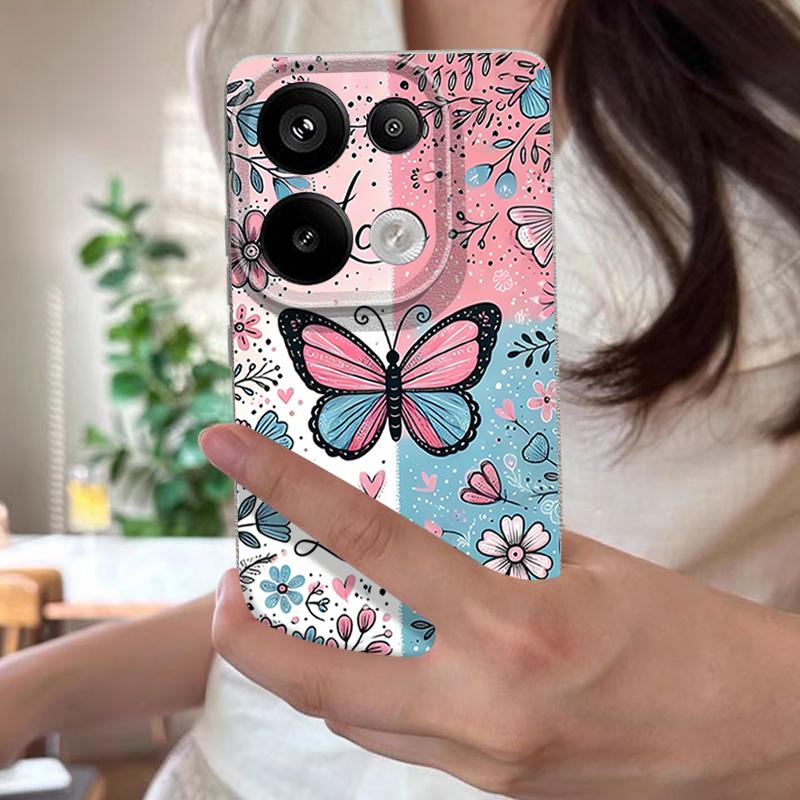Blue Pink Butterfly Floral Pattern Case For Xiaomi 14T 13T 11T Pro Funda Redmi Note 14 13 12 11 Pro 5G 4G Leather Texture Silicone Cover