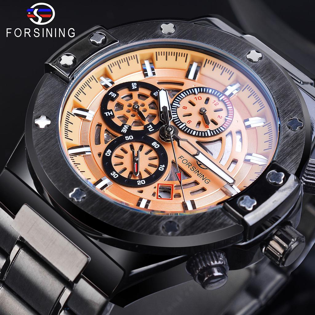 Forsining Three Dial Calendar Display Men Automatic Wrist Watch Luxury Military Sport Male Clock