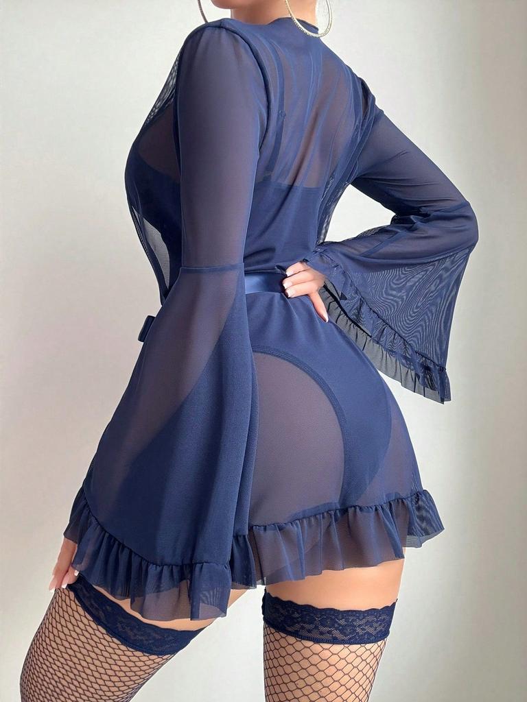 Lace One Piece Sleepwear Flare Sleeve  Belted Lingerie Set With Stockings For Women Underwear