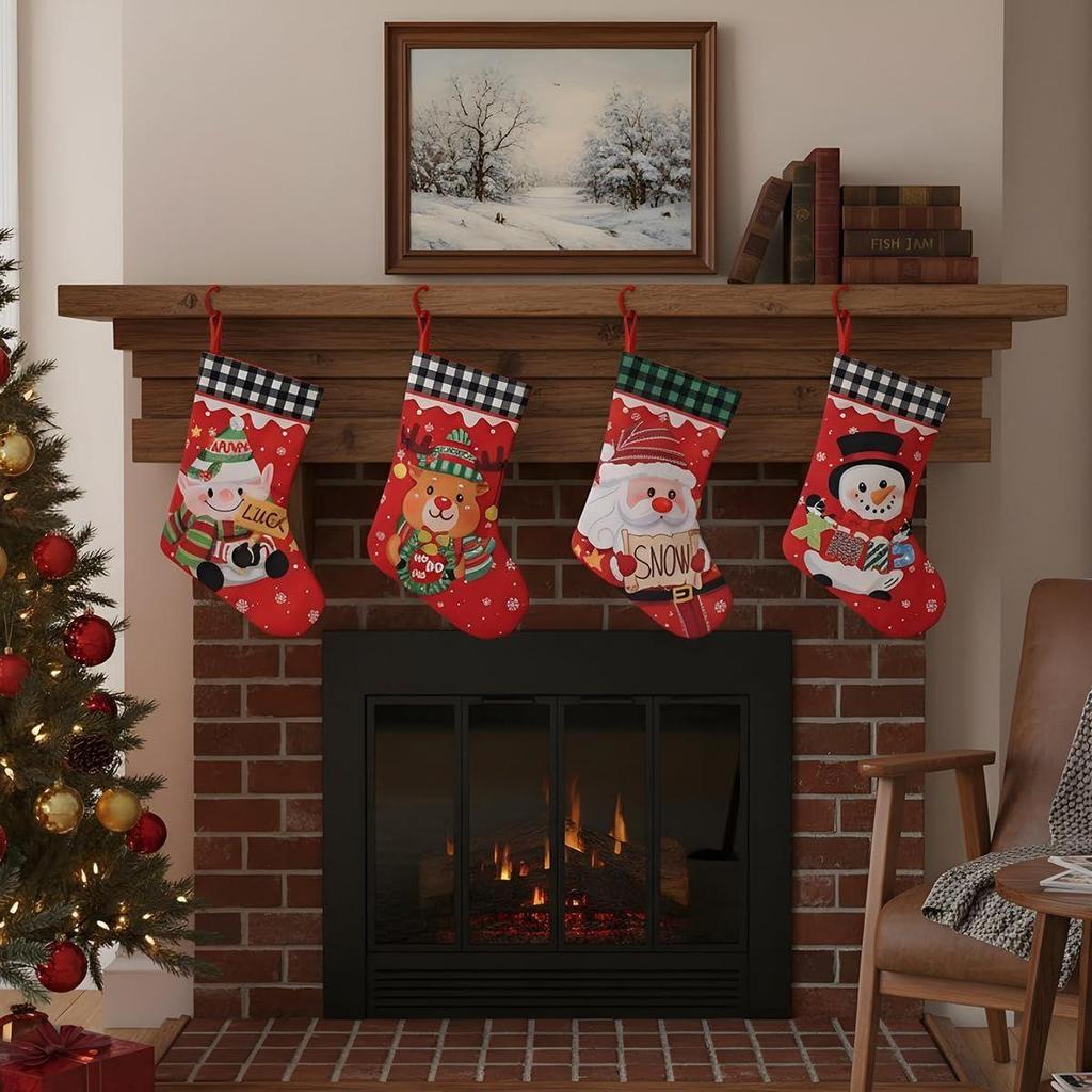 Set of 4 Christmas Decorations Stockings Snowman, Santa, Reindeer Socks Christmas Tree Decoration Items Gifts Hangings Stocking Set
