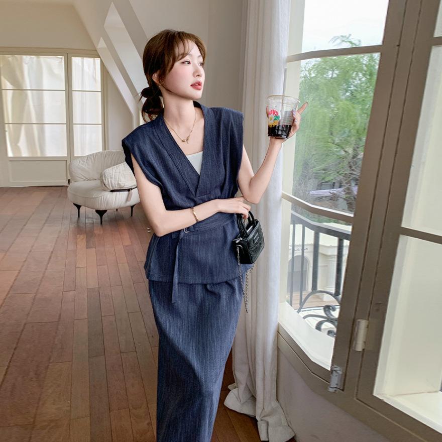 Blue old money wind loose design vest suit skirt women's summer new temperament skirt two-piece set