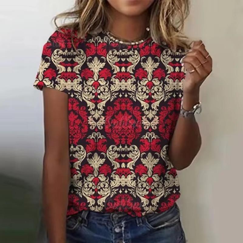 Summer Women Clothing T-shirt Crewneck Top Casual Comfort Short Sleeve Vintage 3D Print Loose Breathable Clothing Women's T-shirt
