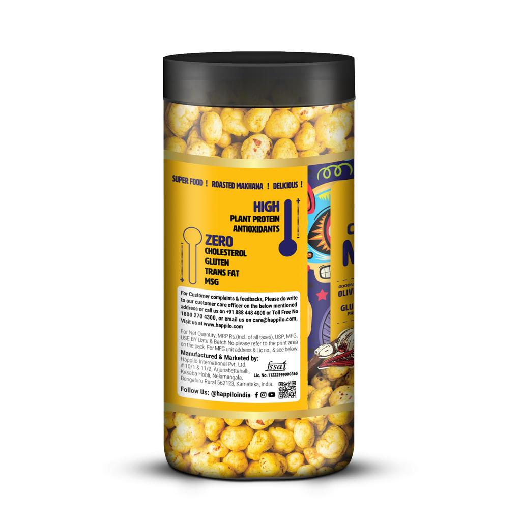 Happilo Premium Makhana Chilli Garlic Jar 80g | Roasted Foxnuts, Phool Makhana | Healthy Snacks | Low Calorie, Vegan, Spicy & Tasty