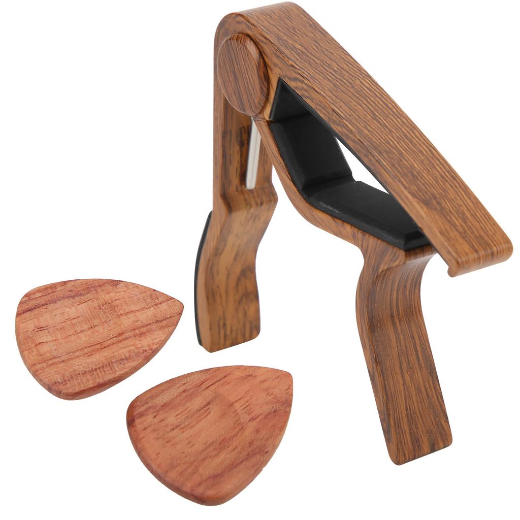 Acoustic Guitar Capo Solid Wood Silica Gel Clamp Ergonomics with 2 Picks for Bass Ukulele Violin