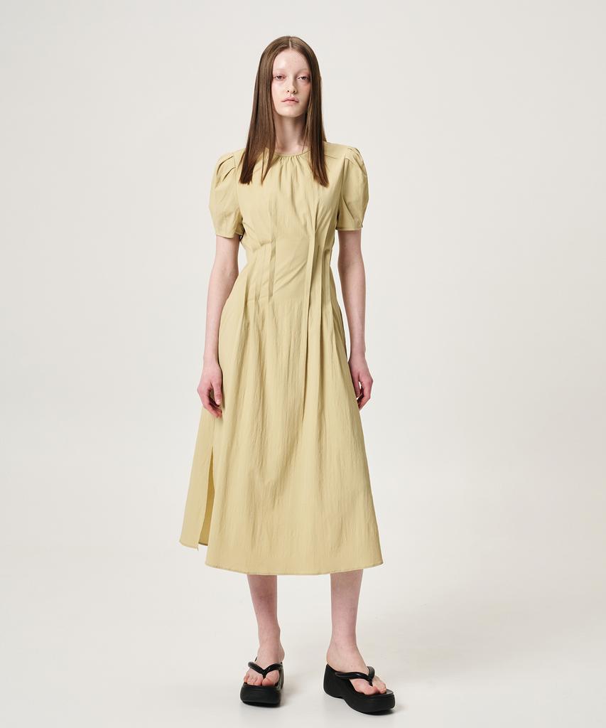 Etmont Waist Pintuck Dress, Olive Yellow