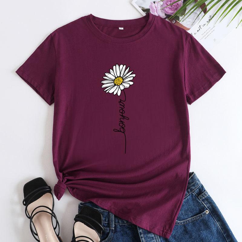 Summer Round Neck Daisy Pattern Printed Top Fashionable Casual Short Sleeved Women's Pure Cotton T-shirts