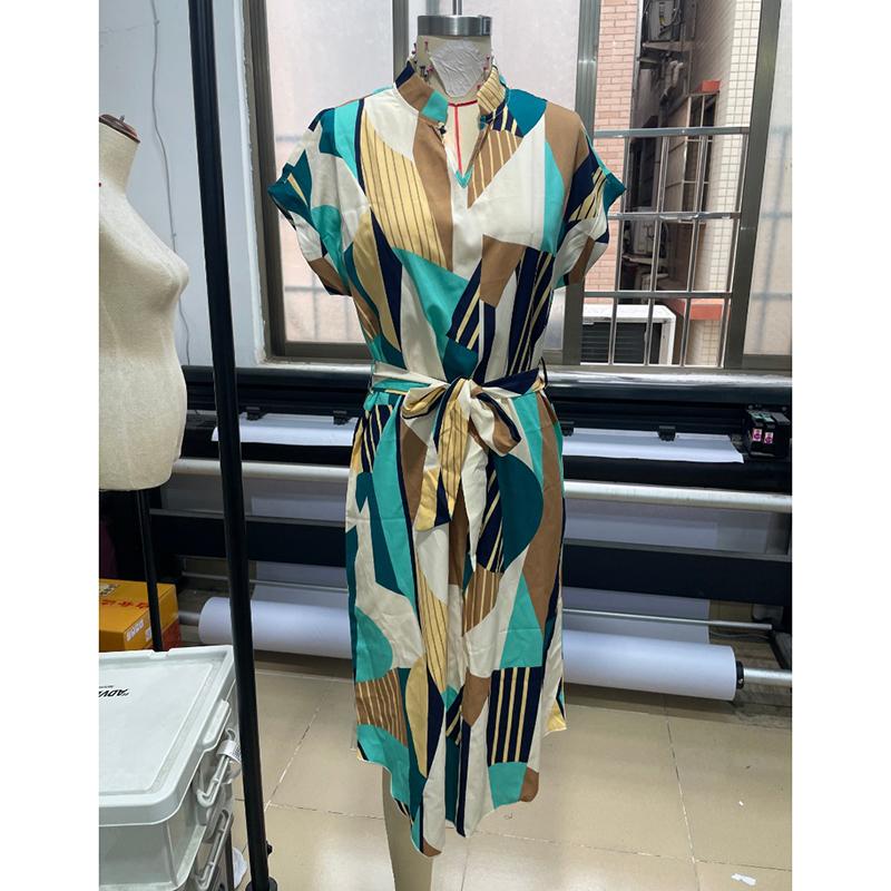 Fashion Batwing Sleeve Print Loose Casual Dresses for Women Summer Lace-up High Waist Vacation Long Dress Woman Vintage Slim Fit Sexy Lady Dress 26174