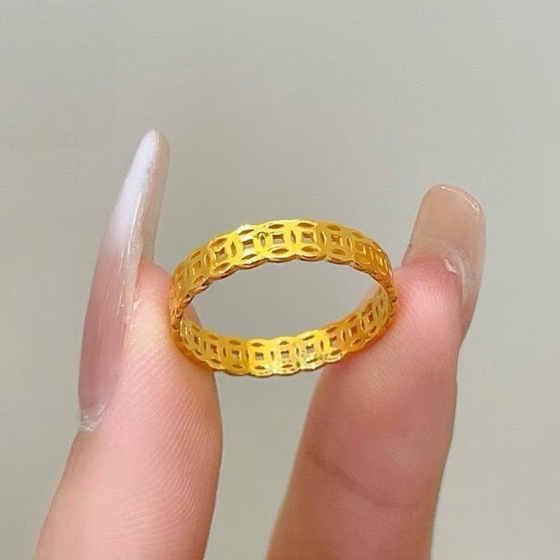 Women's Gold Starry Crushed Ice Ring - Thin Plain Band