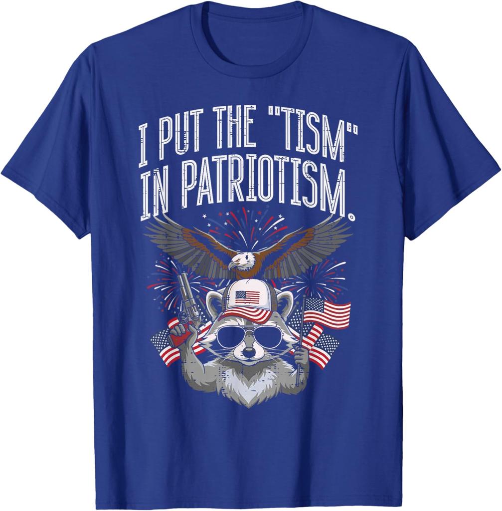 I Put The Tism In Patriotism Raccoon Funny Graphic Print Round Neck Cotton T Shirt Casual Tops