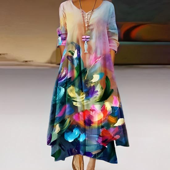 Spring Fall Dress with Pockets Vintage Flower Printing V Neck Irregular Layerd Hem Loose A-line Maxi Dress for Daily Work Party