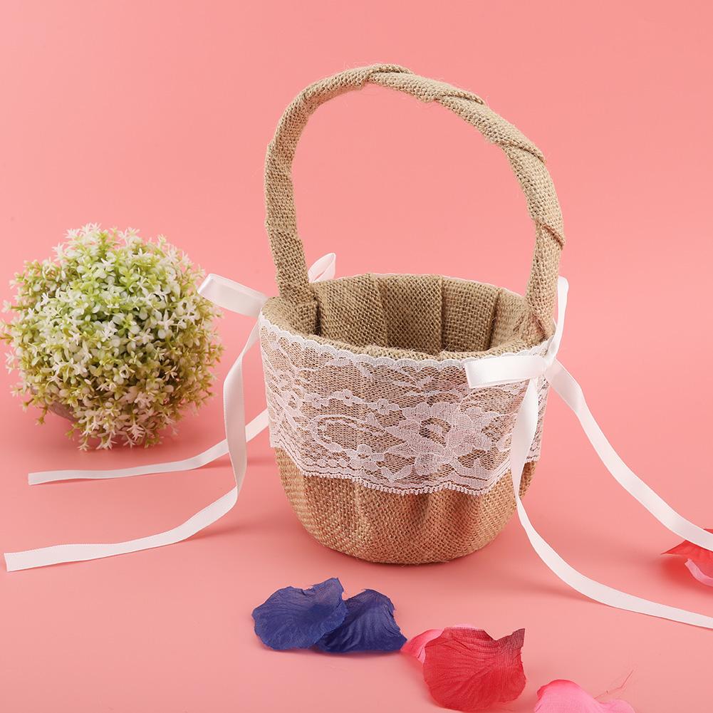 Linen Cotton And Linen Lace Material Wedding Flower Basket Girl Basket White Flower Basket