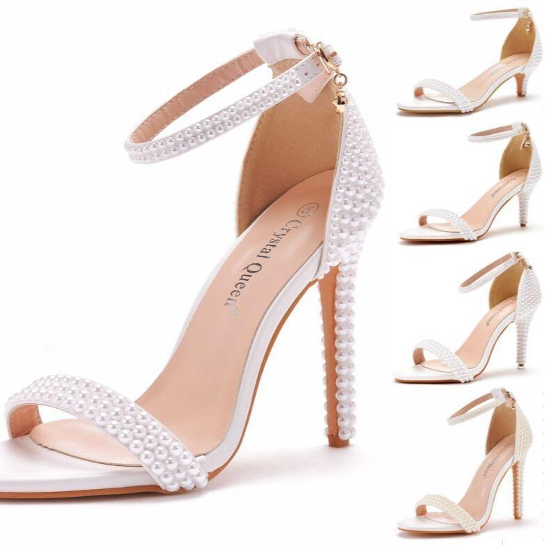 High Heel Sandals White One-liner Buckle Shoes Thin Heel Fish Mouth Roman Sandals White Pearl Sandals