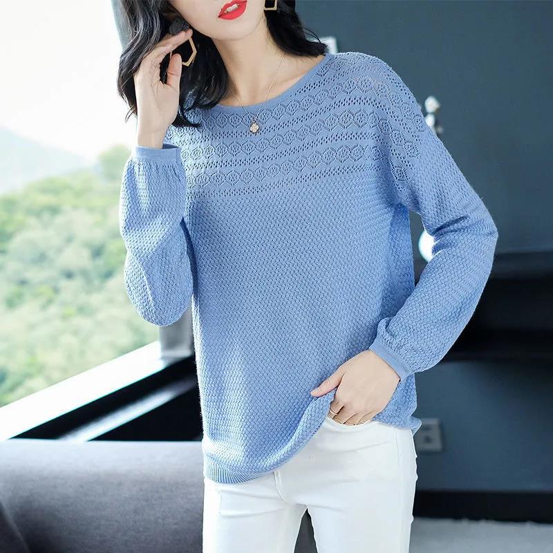 Blusa Feminina de Tricô Vazado Fina Primavera e Outono Feminina Manga Longa Suéter Solto para Vestir
