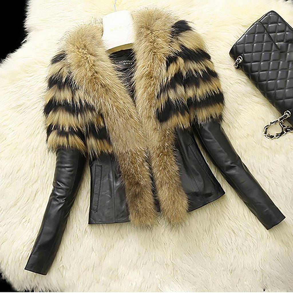 Womens Fashion Warm Plush Pocket Long Sleeve Imitation Leather Collar Coat