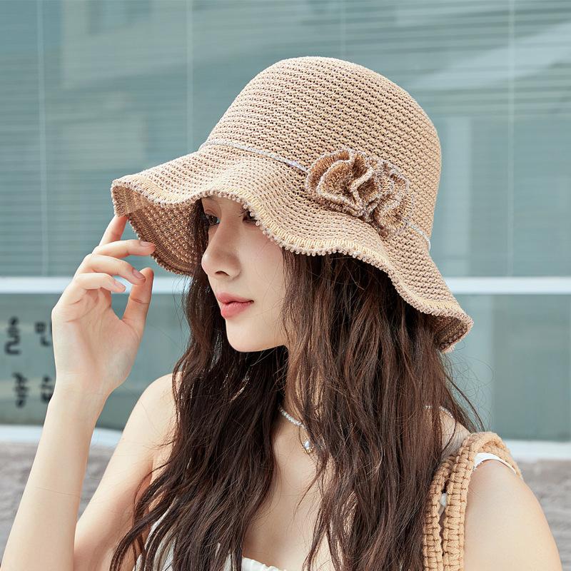 New Knitted Hat Women's Summer Thin Sun Hat Two-color Hollow Wave Hat Handmade Flower Fashionable and Elegant Bucket Hat