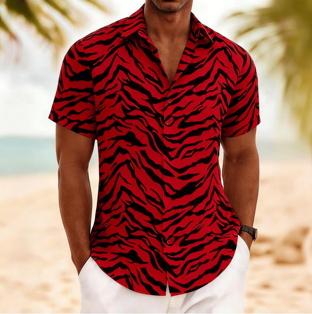 Men's Tiger Stripe Retro Style Short Sleeve Shirt, Spring Summer Edgy Casual Vacation Blouse, Loose Casual Top