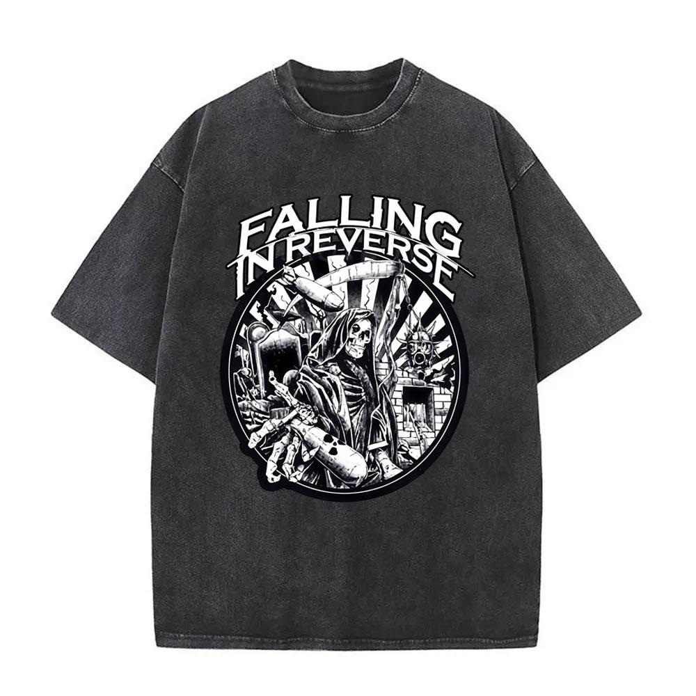Washed Vintage Rock Band Falling In Reverse Skeleton Print Tshirt Men Women Retro Gothic Punk Tshirts Cotton Oversized T Shirt