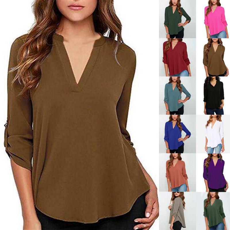 Stilvolles Damen Casual Langarm V-Ausschnitt T-Shirt Pullover Tunika Bluse Optionen