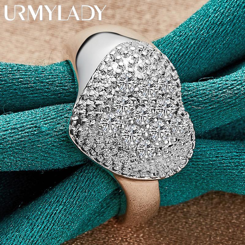 URMYLADY 925 Sterling Silver Heart Zircon 7-10 Ring For Women Fashion Wedding Party Charm Jewelry