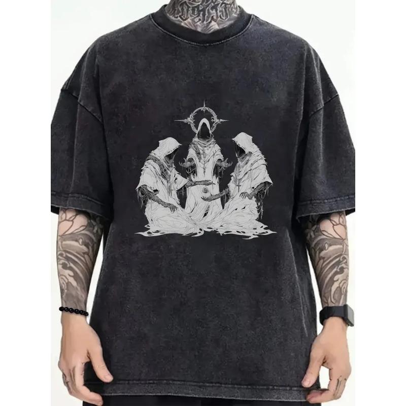 

Men s Cotton T-Shirt with Priest Sacrificial Print - Washed for Streetwear, Outdoor & Festival Gift,Round Neck Casual, Machine Washable for Year-Round S чёрный