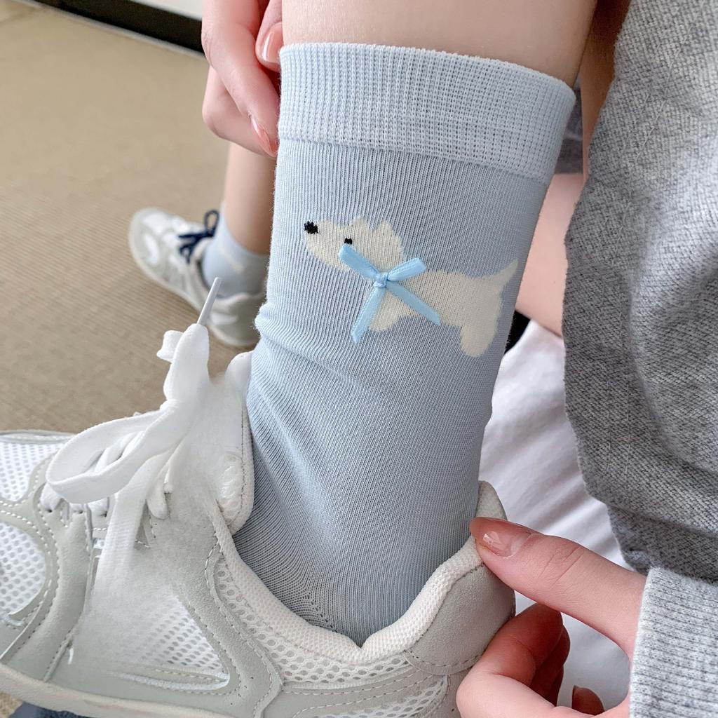 Spring and Summer Lightweight West Highland Terrier Socks, Cute Children's Mid-calf Socks, with Bows, Sweat-absorbing and Breathable Cotton Socks