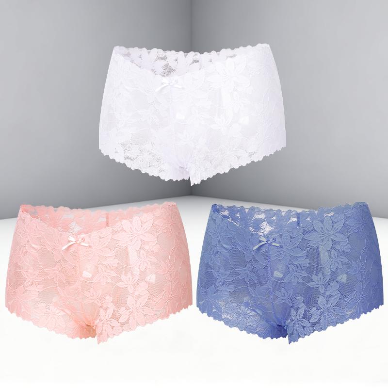 FINETOO 3Pcs Women's Sexy Lace Floral Perspective Boyshorts Solid Color Hollow Out Boxer Panties Female Breathable Transparent Lingerie