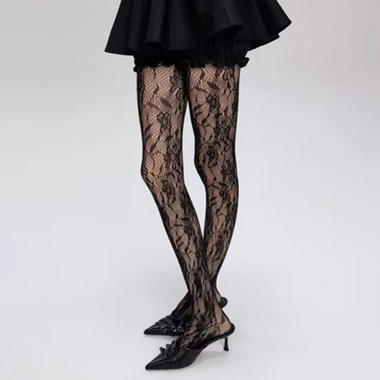 Sexy Retro Květinové Síťované Punčochy s Vinnou Rézou - Průhledné Krajkové Punčochové Kalhoty