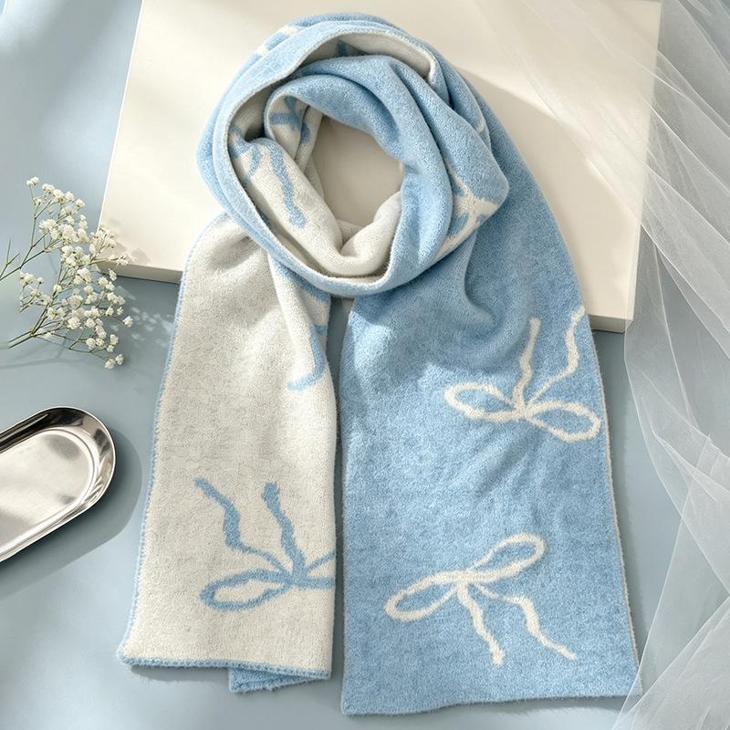 INS girly bow jacquard scarf wool blended double-sided contrasting scarf autumn and winter atmosphere temperament scarf