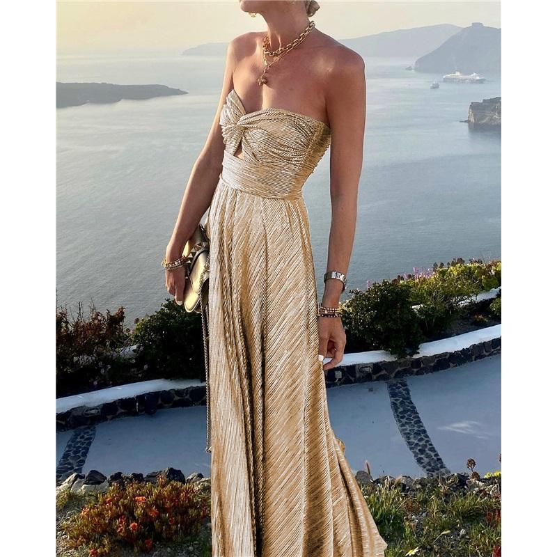 Ladies Summer New Sexy Chest Wrapped Bronzing Party Dress Solid Color Elegant Casual Big Swing Decoration Design Long Skirt