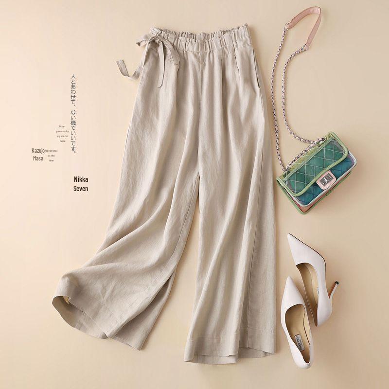 Damen Weitbeinige Cropped Leinen-Baumwollhose - Hohe Taille, Lockere Passform für Frühling/Sommer 2024.