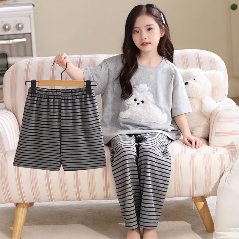 2026 Cotton Pajama Set Girls Short Sleeve Thin Sleepwear Sweet Cartoon Print Kids Home Outfit