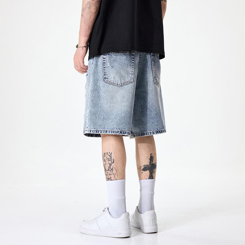 Ripped Denim Shorts Men's Trendy Brand Loose Large Size Straight Five-point Pants Casual Breeches