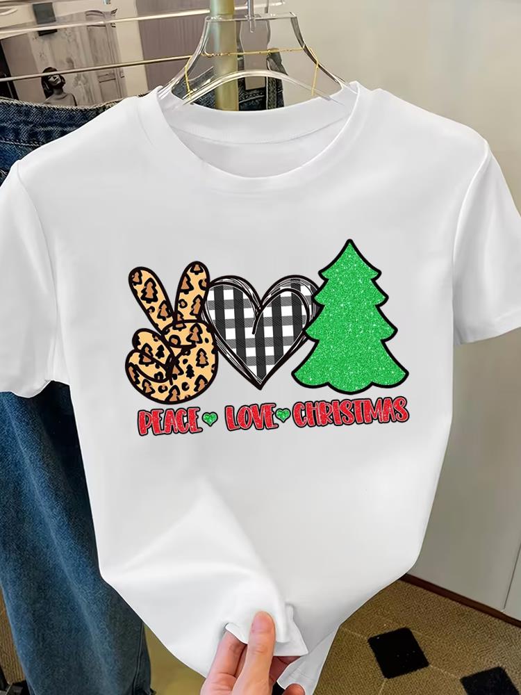 (Asian Size) Letter Lovely Cute Merry Christmas Fashion Short Sleeve T-shirts Women's Top O-neck T Shirt Print Casual New Year Clothing Graphic Tee