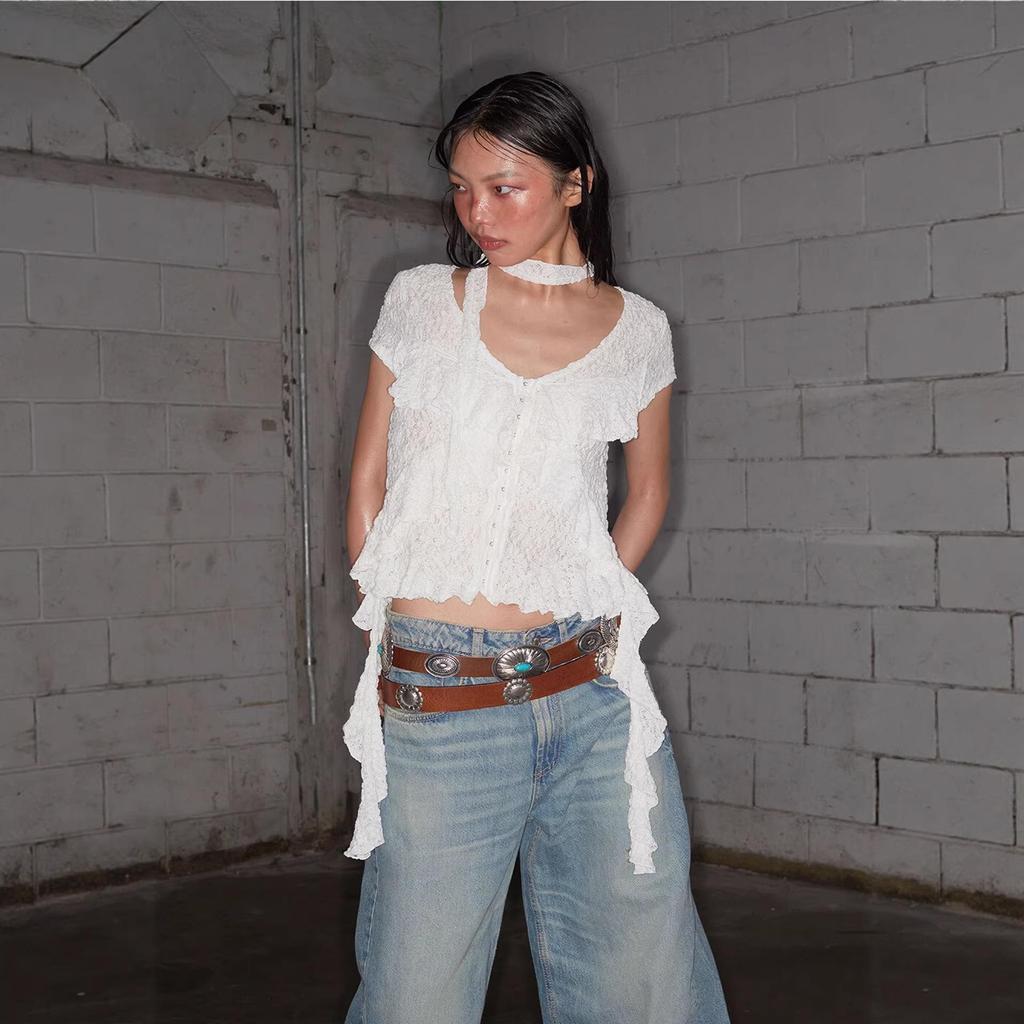 2026 Spring/Summer Y2K Retro Women's V-Neck Ribbon Lace Cardigan, Short Sleeve