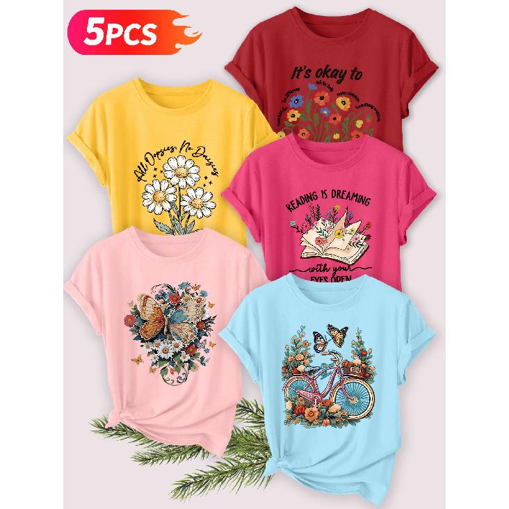 Five-piece set Elegant short-sleeved shirt for women Daisy Butterfly Print Round Neck Women's Casual Sportswear T Shirt Suitable for spring and