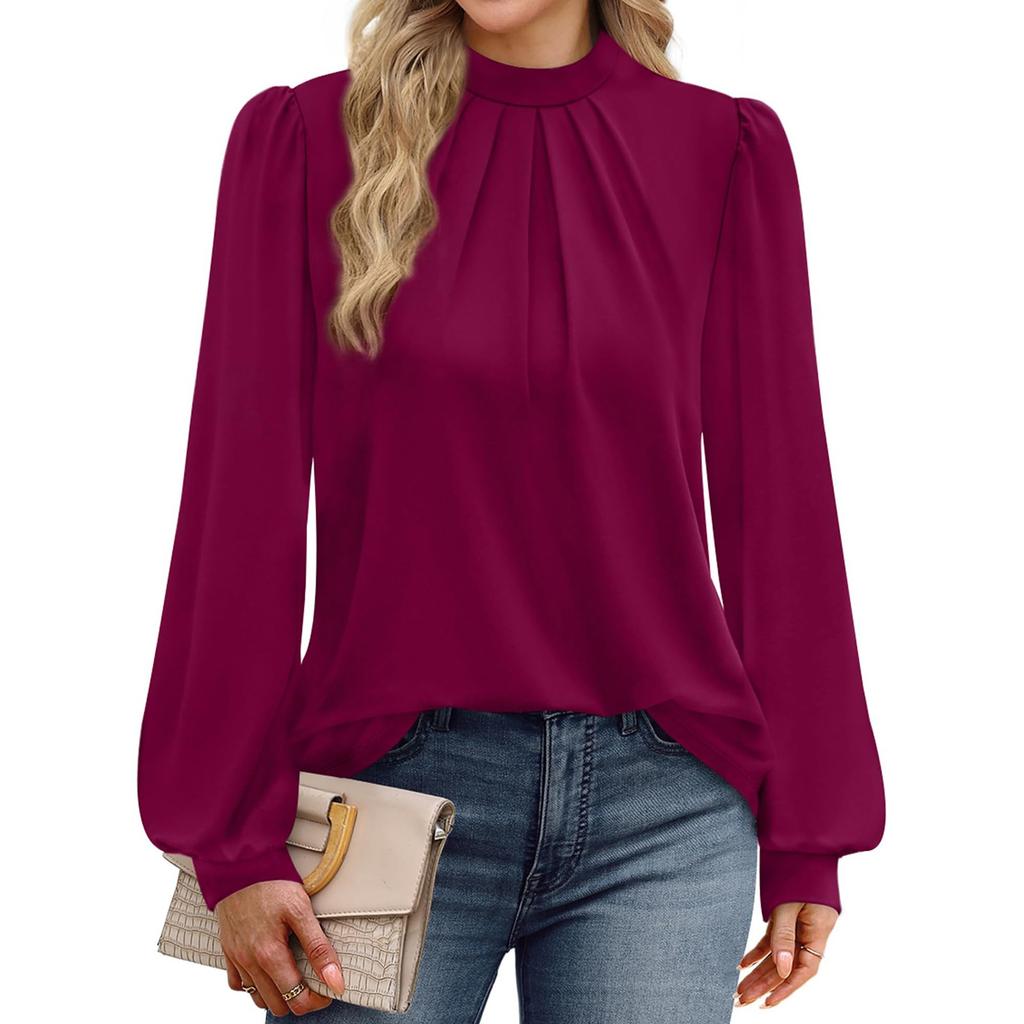 Ladies' Fashionable And Elegant Chest Pleated Stand Collar Long Sleeved Solid Color Top