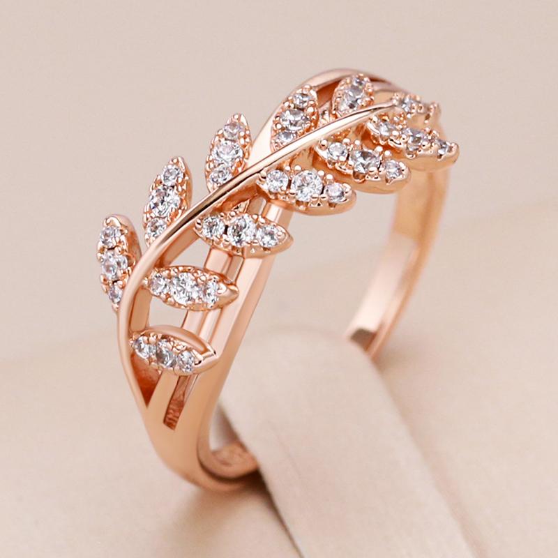 Shiny Natural Zircon Leaf Ring For Women Trendy  Rose Gold Color Vintage Wedding Jewelry Daily Party Accessories