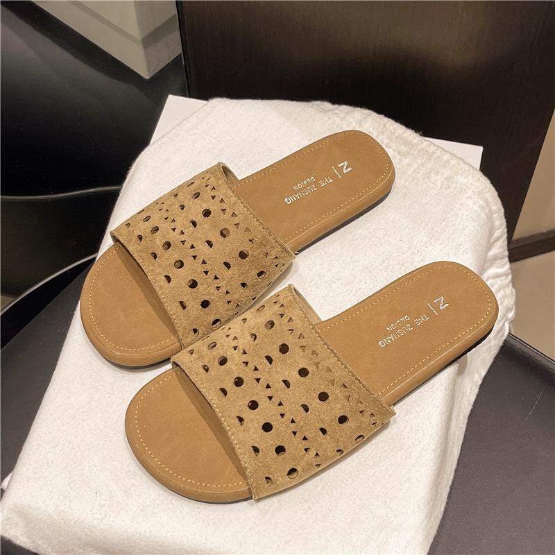 

Нишевые сандалии с чувством дизайна, летние 2025, ретро плетеные с перфорацией, с открытым носком, для улицы, крутые шлепанцы, женская обувь 40 хаки