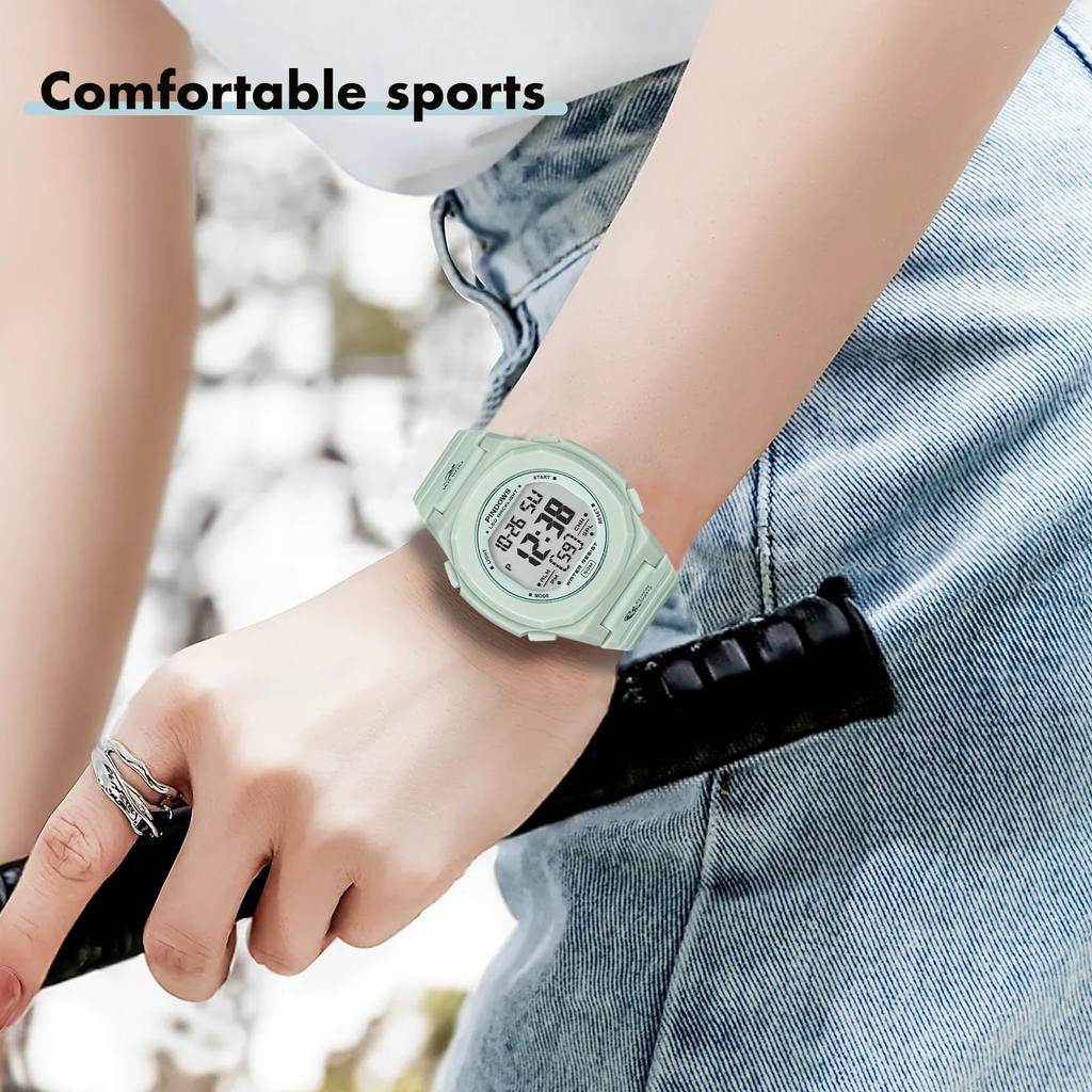 The PINDOWS digital sports watch is water resistant to 50 meters and features an LED alarm and It makes a perfect gift for any women's backlight,