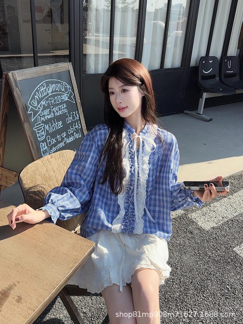2026 Spring/Summer Blue Plaid V-Neck Lace Tie-Up Lantern Sleeve Shirt for Women Double Extra Large