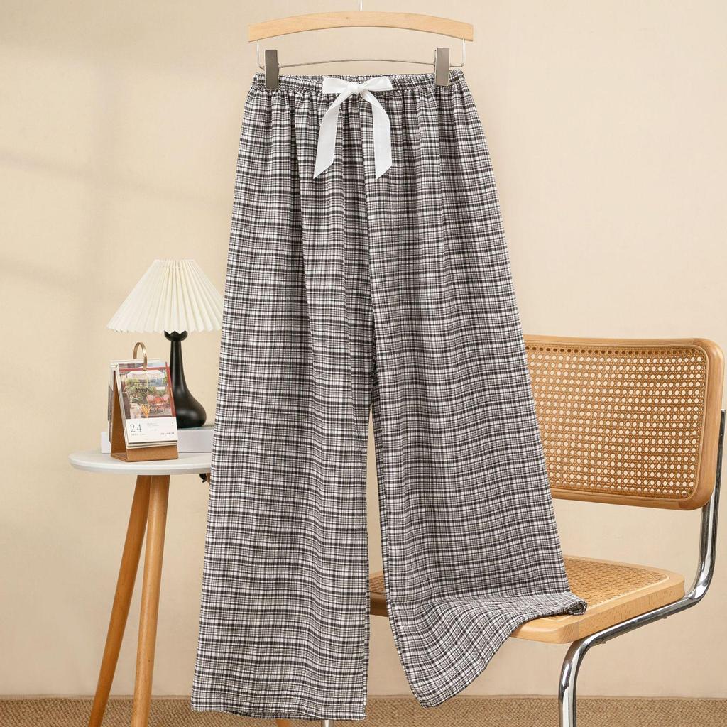 Women's Cloud Cotton Plaid Pajama Pants - Summer Casual Wide-Leg, Lightweight, Outdoor-Friendly, Yarn-Dyed, Long Style