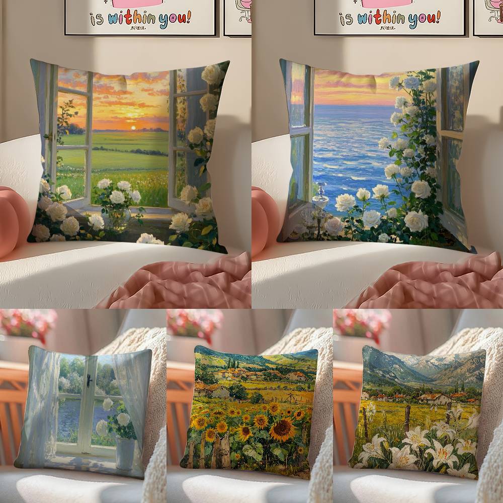 Hand-painted Iandscape Oil Painting Pillow Case Comfort Sofa Bed Silky Elegant Invisible Zipper Decorative Cushion Cover