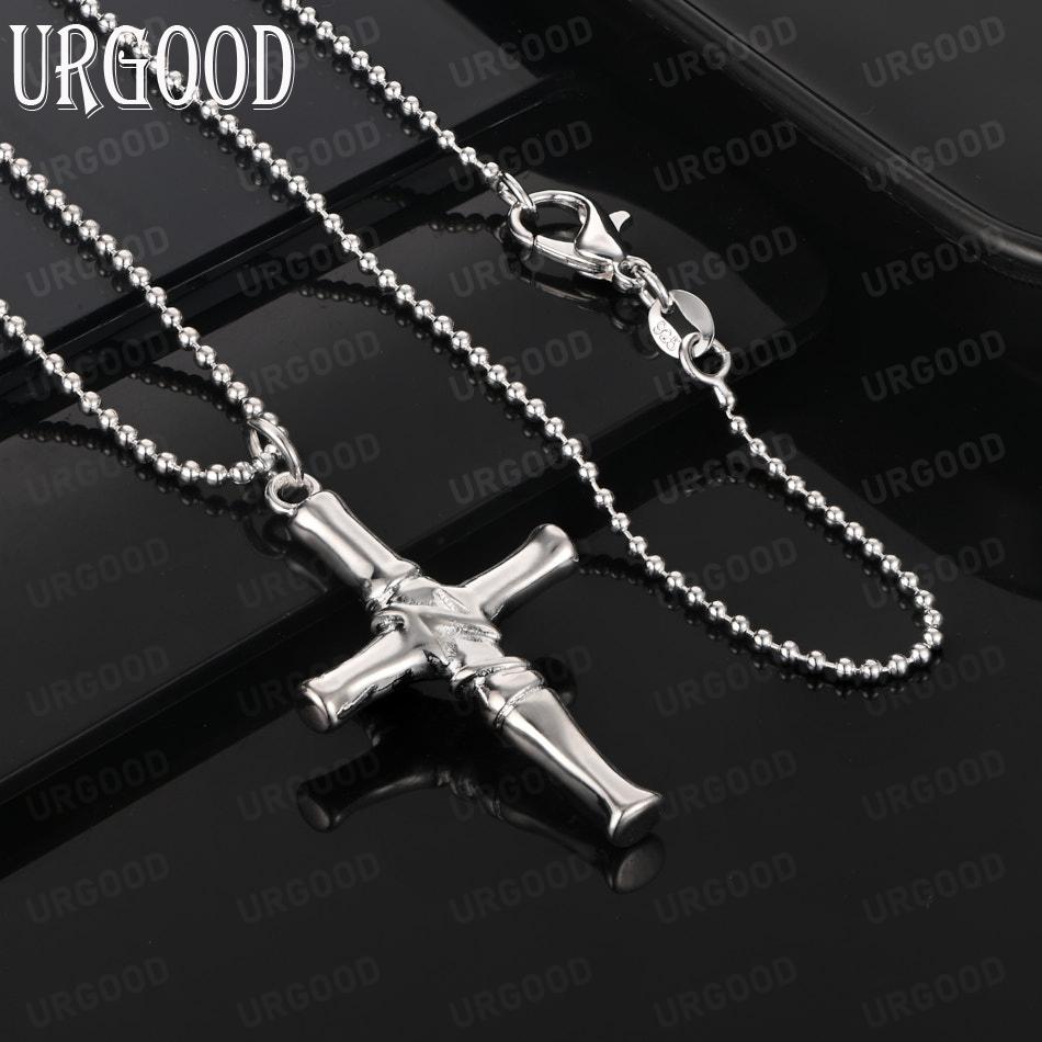 925 Sterling Silver Simple Bamboo Cross Pendant Necklace - Stylish Evening Jewelry