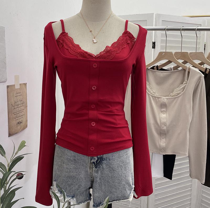 

Real Shot Hot Girl Lace Splicing Square Neck Pullover Long Sleeve Camisole 2828 One Size красный