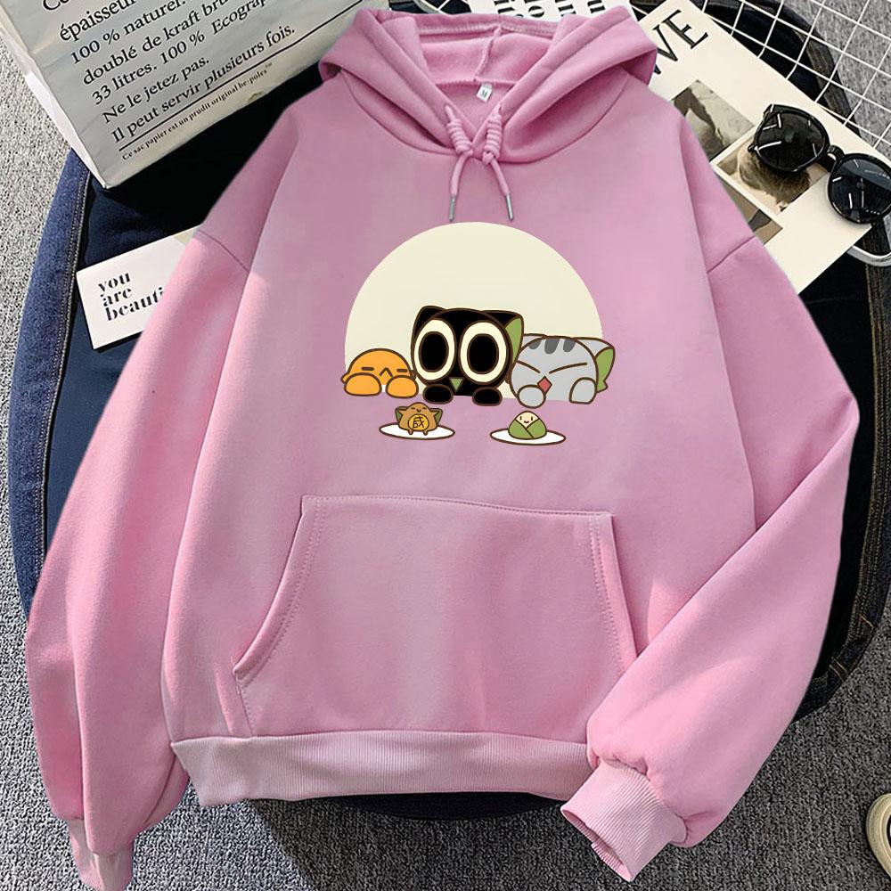 Luo Xiao Hei Cat Cartoon Printing Hoodies Winter Fleece Kawaii Printing Sweatshirts Streetwear Women Comfortable Pullover