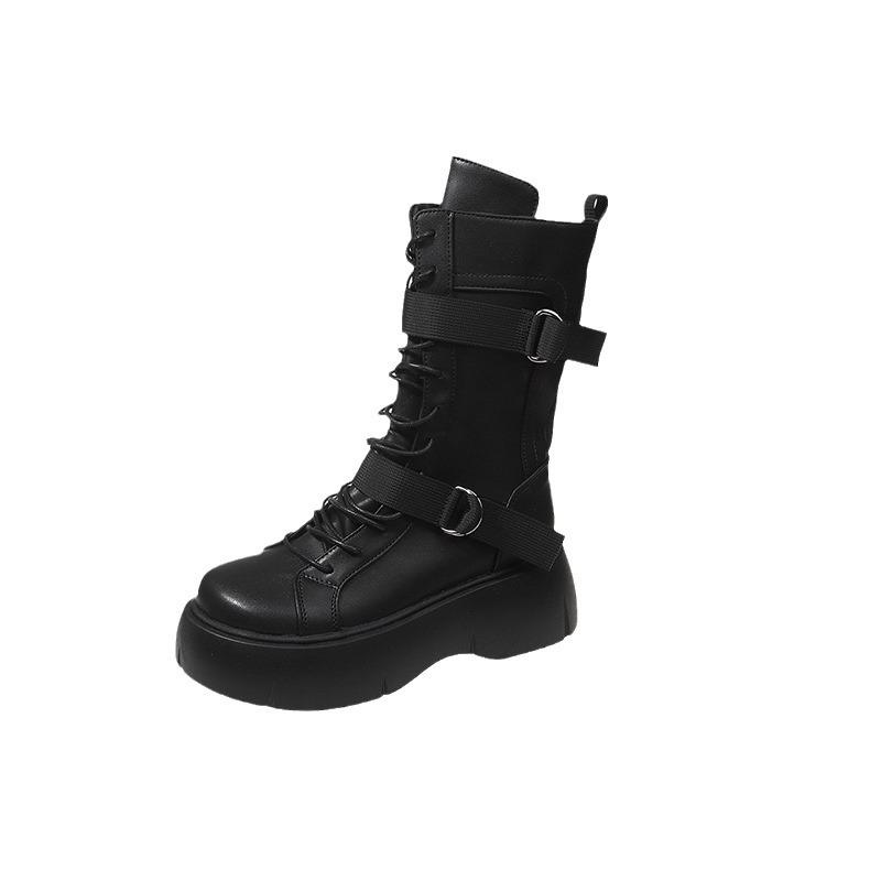 Women Platform Locomotive Boots 2024 Side Zip British Mid-calf Boots Retro Belt Buckle Leather Botas Versatile Lady Footwear