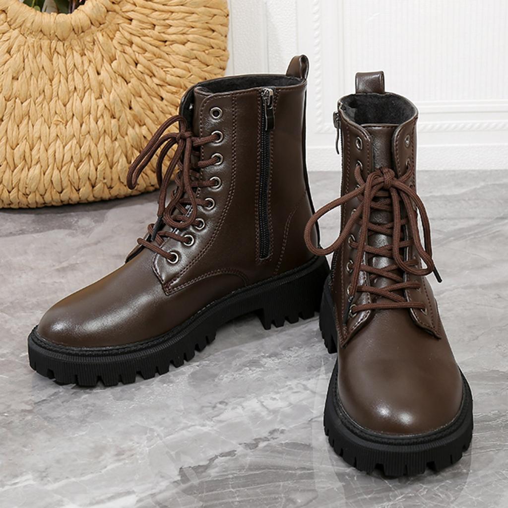 Ladies Fashion Winter Solid Leather Lace Up Thick Heel Side Zipper Short Boots Support Boots for Women