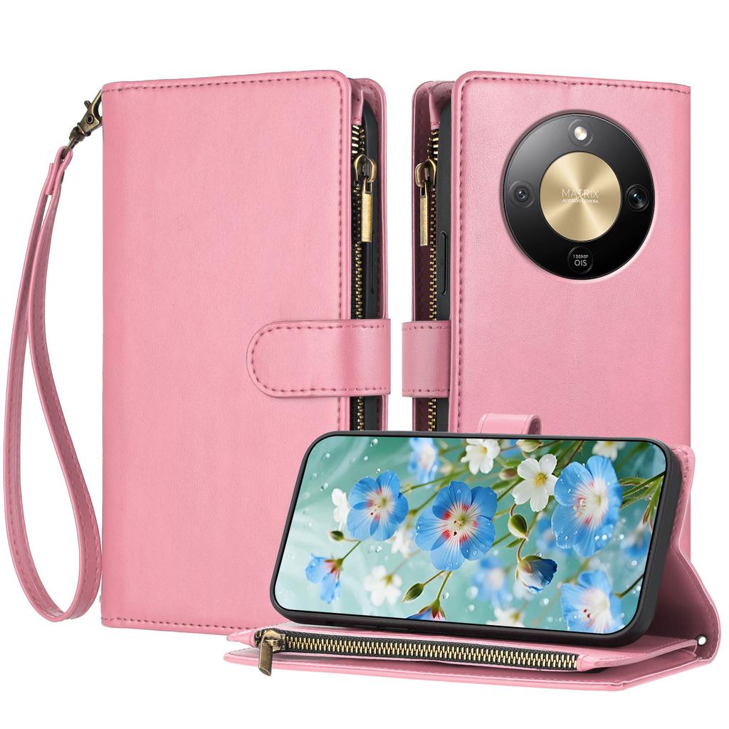 For Honor Magic8 Lite 5G/X9d 5G/X70 5G Leather Case Zipper Wallet Stand Shockproof Phone Cover with Wrist Strap