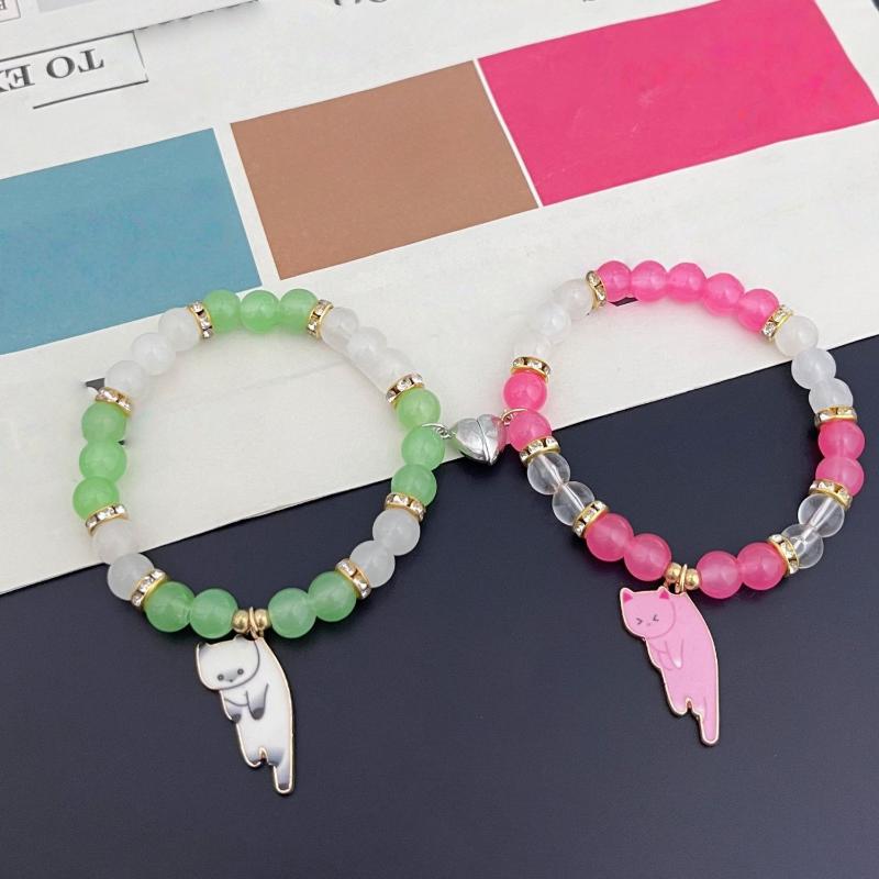 2Pcs Cute Cat Pendant Jewelry Matching Magnetic Couple Bracelets For Lovers Natural Stone Beaded Bangles Valentine Gift