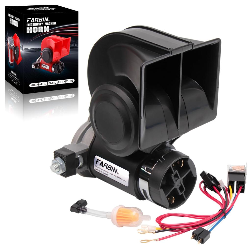 FARBIN Kompaktní vzduchová houkačka Super Hlasitá Elektrická Vzduchová Houkačka Včetně Relé a Kabelového Svazku Prachotěsný Design DC12V 125dB pro Vlaky Univerzální Sada Houkaček s Duálním Zvukem
